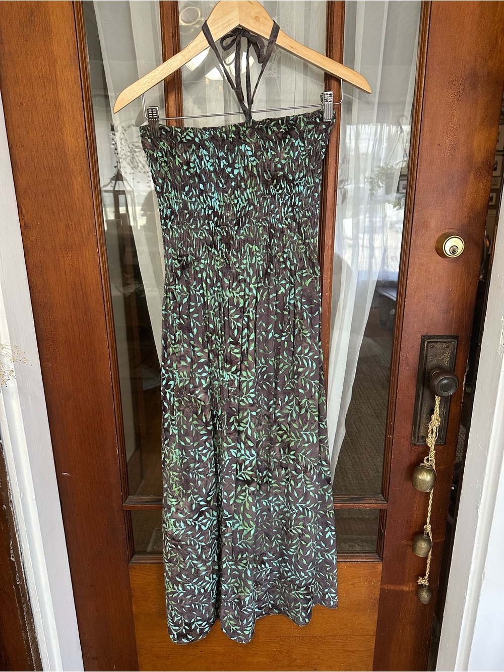 Smocked Halter Tube Top Style Maxi Dress in Teal Leaf Print